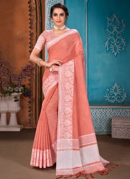 Peach ASHIKA HAKOBA Stylish Festive Wear Fancy Cotton Linen With Resham Border Designer Saree Collection H 10